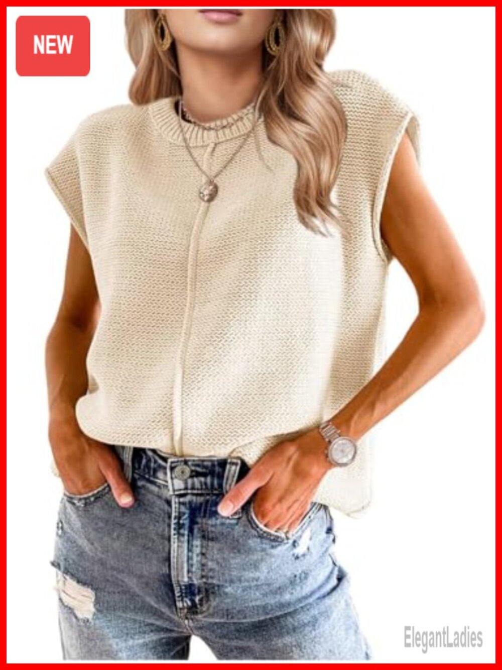 Crochet Sweater Vest Cap Sleeve Crew Neck Boho Western Casual Top